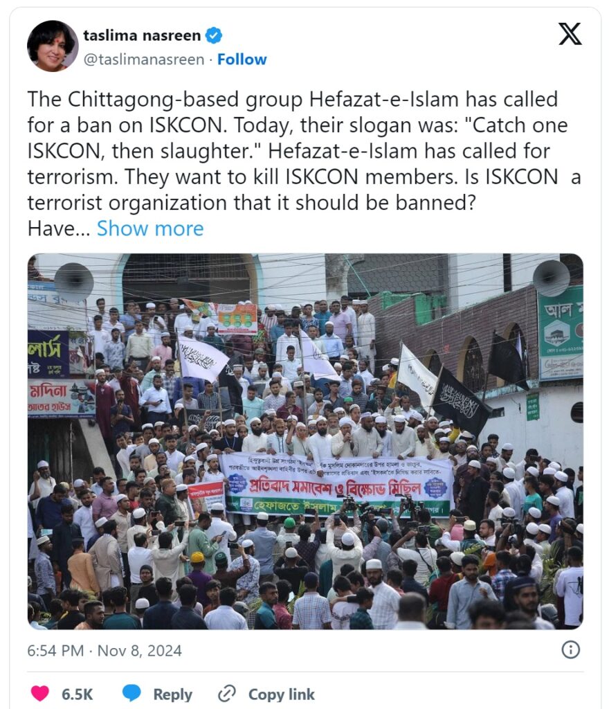 taslima on x hindu hefazat